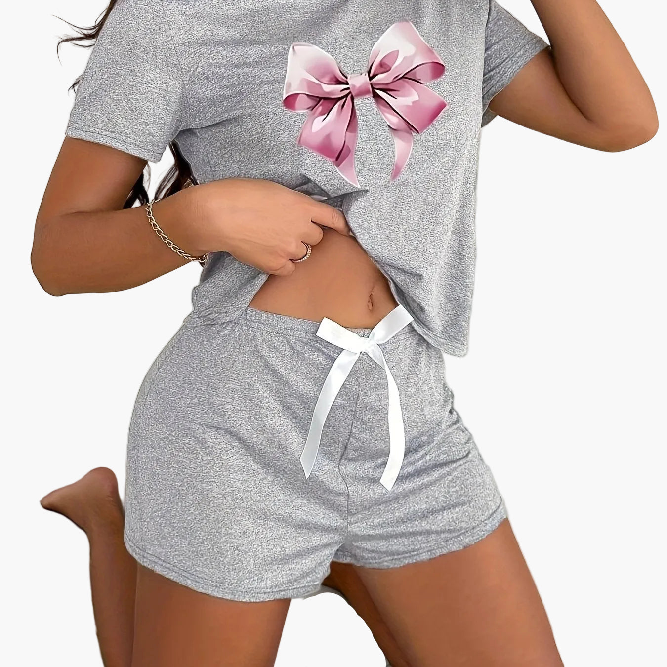 Pyjama court femme imprimé nœud style décontracté pour l'été