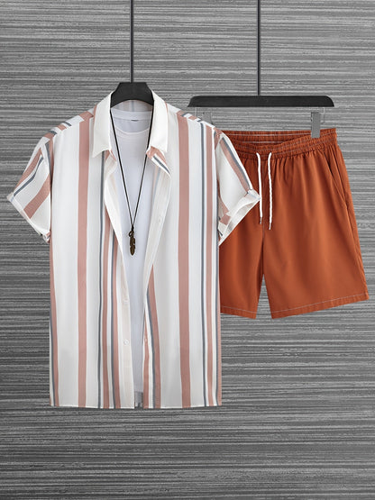 Ensemble décontracté à rayures pour homme, style vacances, chemise à manches courtes et short