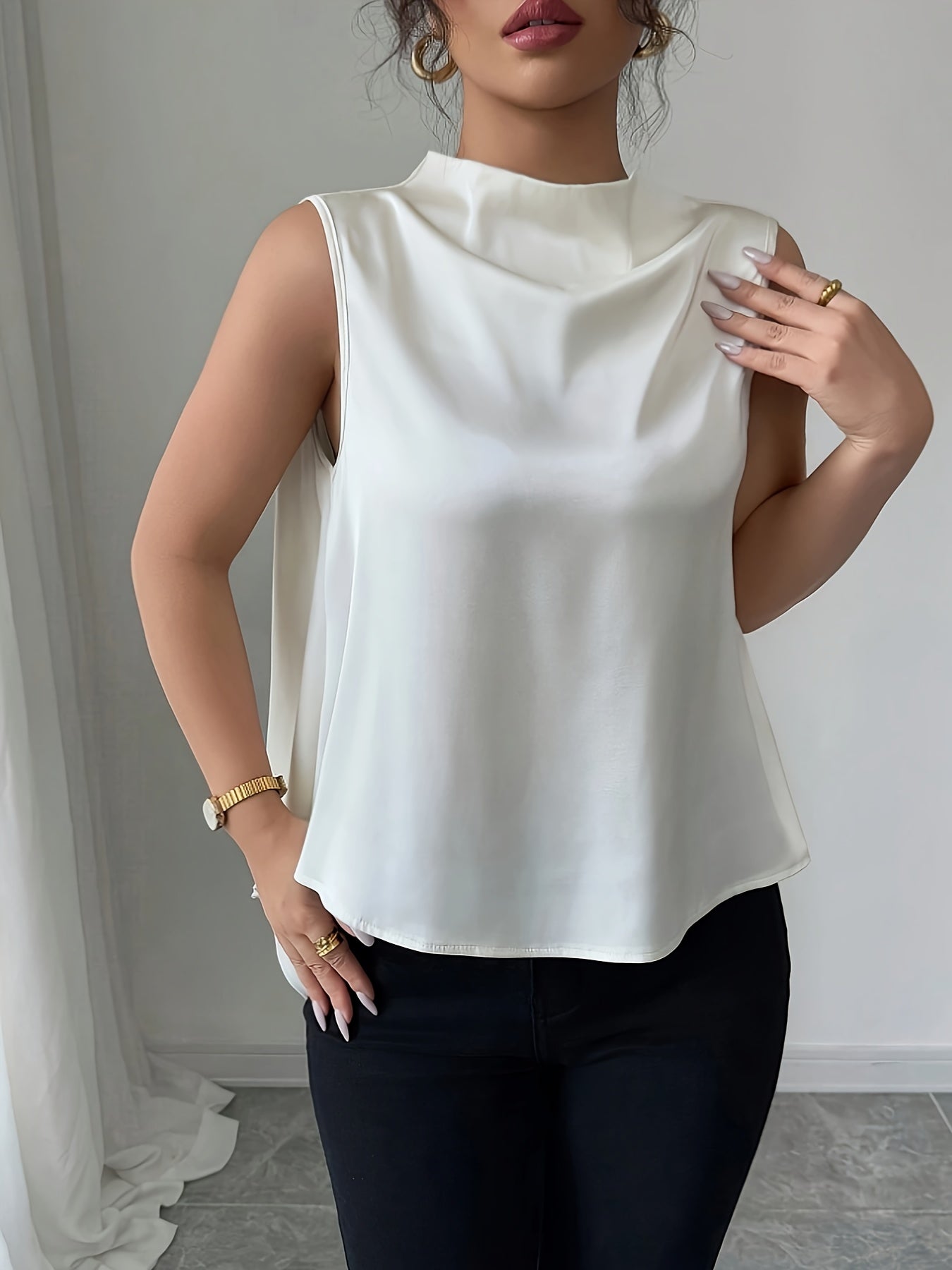 Women's Sleeveless Blouse with High Neck, Elegant Style for Office and Evening