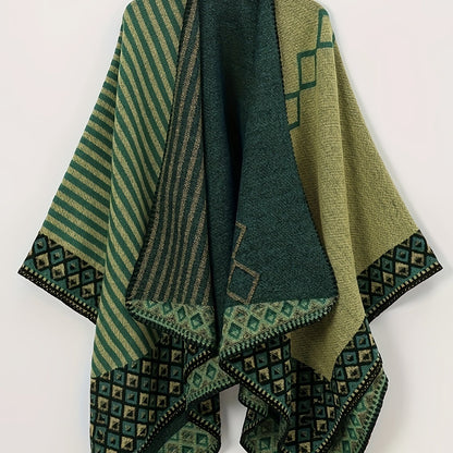 Cape Poncho Femme Réversible Vert Motif Géométrique Rayé Grande Taille