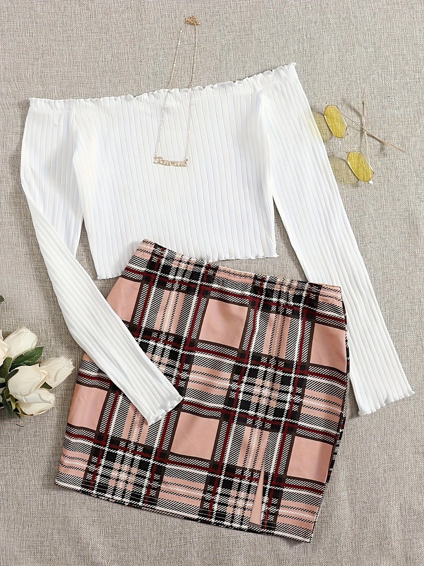Conjunto de dos piezas para mujer estilo elegante falda a cuadros y top con hombros descubiertos para salidas primaverales y estivales