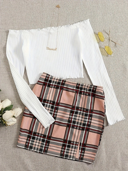 Conjunto de dos piezas para mujer estilo elegante falda a cuadros y top con hombros descubiertos para salidas primaverales y estivales