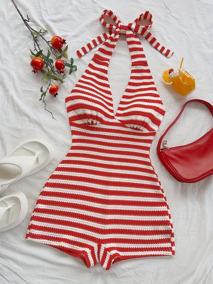 Damen Jumpsuit mit Shorts und Streifen im Retro-Stil mit Neckholder für Sommer und Strand