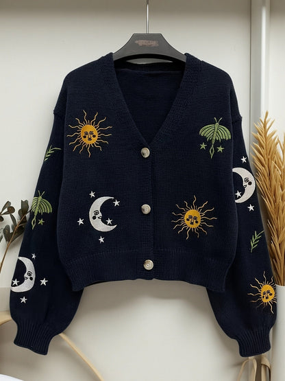 Cardigan court en maille pour femme, col en V, manches longues, motifs soleil et lune brodés