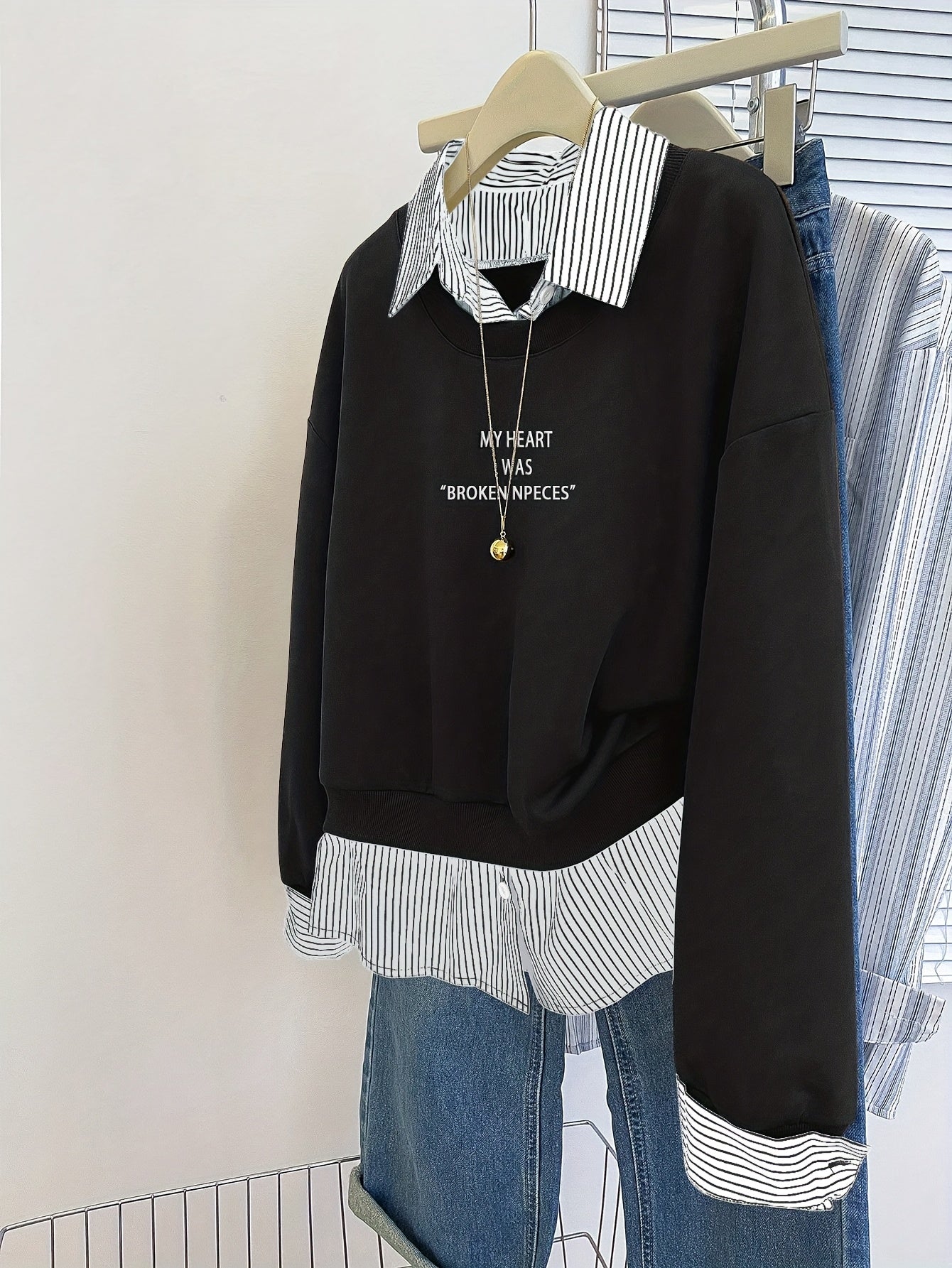 Sweat-shirt Femme à Superposition Chemise Rayée Col Classique