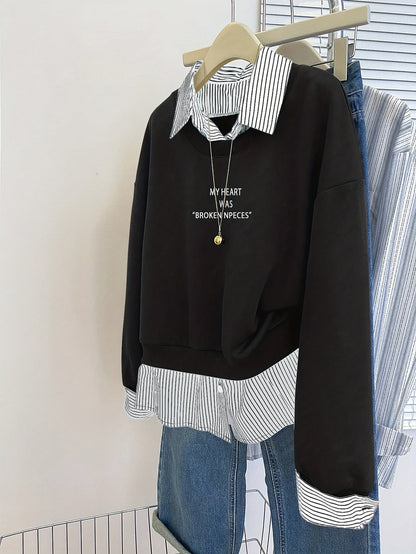 Sweat-shirt Femme à Superposition Chemise Rayée Col Classique
