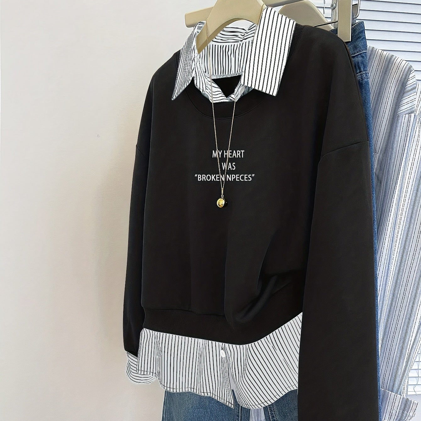 Sweat-shirt Femme à Superposition Chemise Rayée Col Classique