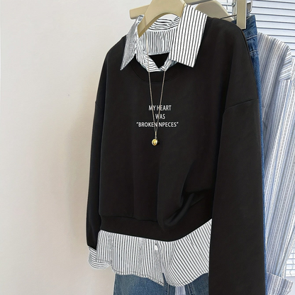 Sweat-shirt Femme à Superposition Chemise Rayée Col Classique