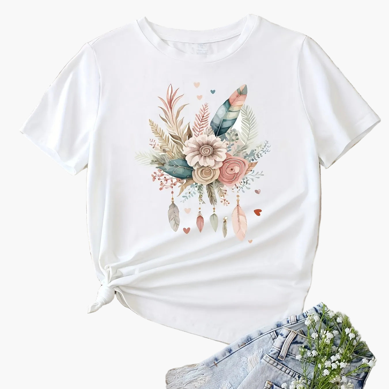 Dames T-shirt Boheemse Stijl Bloemen- en Veerprint, Casual Zomer
