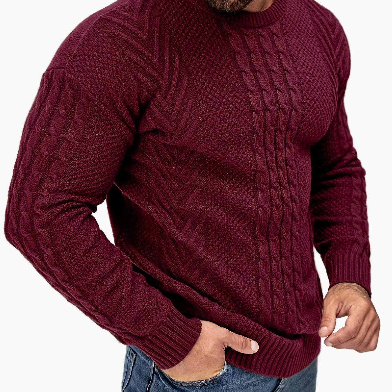Jersey de punto trenzado para hombre estilo urbano casual – Mangas largas, elegante otoño/invierno