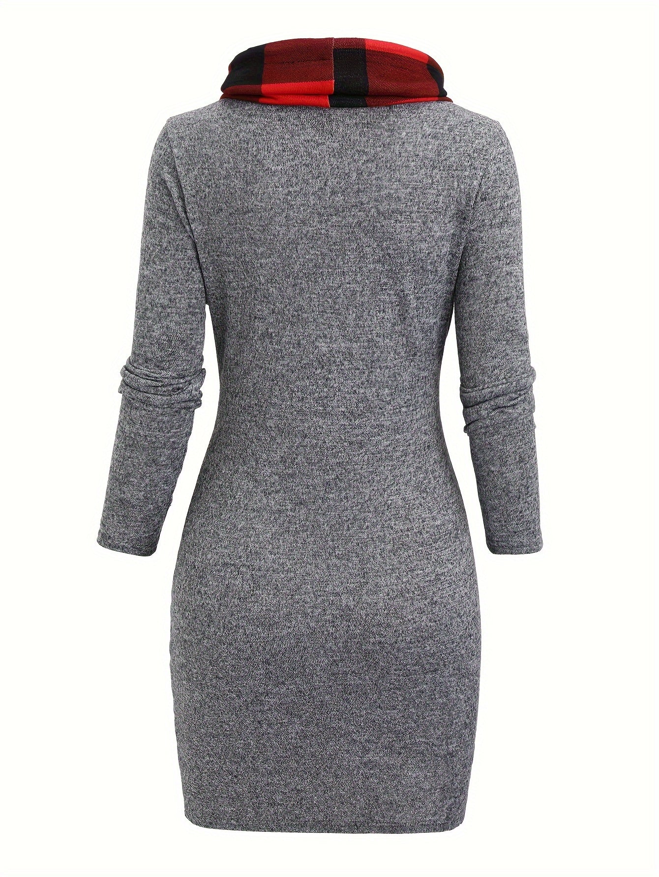 Robe Pull Courte Femme avec Col Cheminée et Motif Carreaux Bicolores