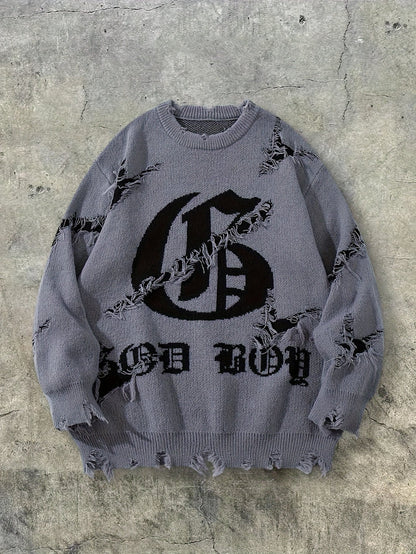 Pull homme gris déchiré oversize avec motif graphique