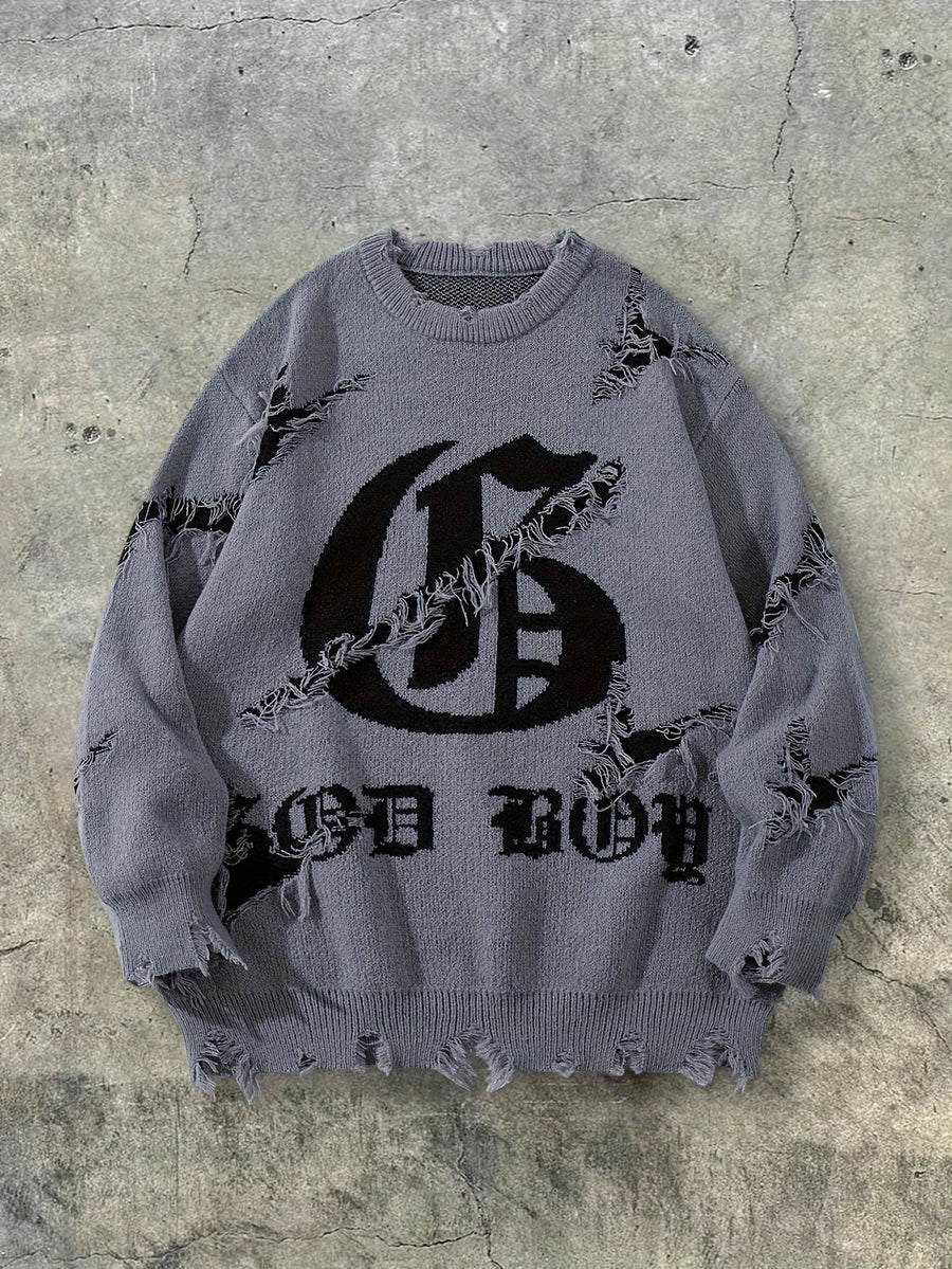 Oversized distressed gray men's sweater with a graphic design
