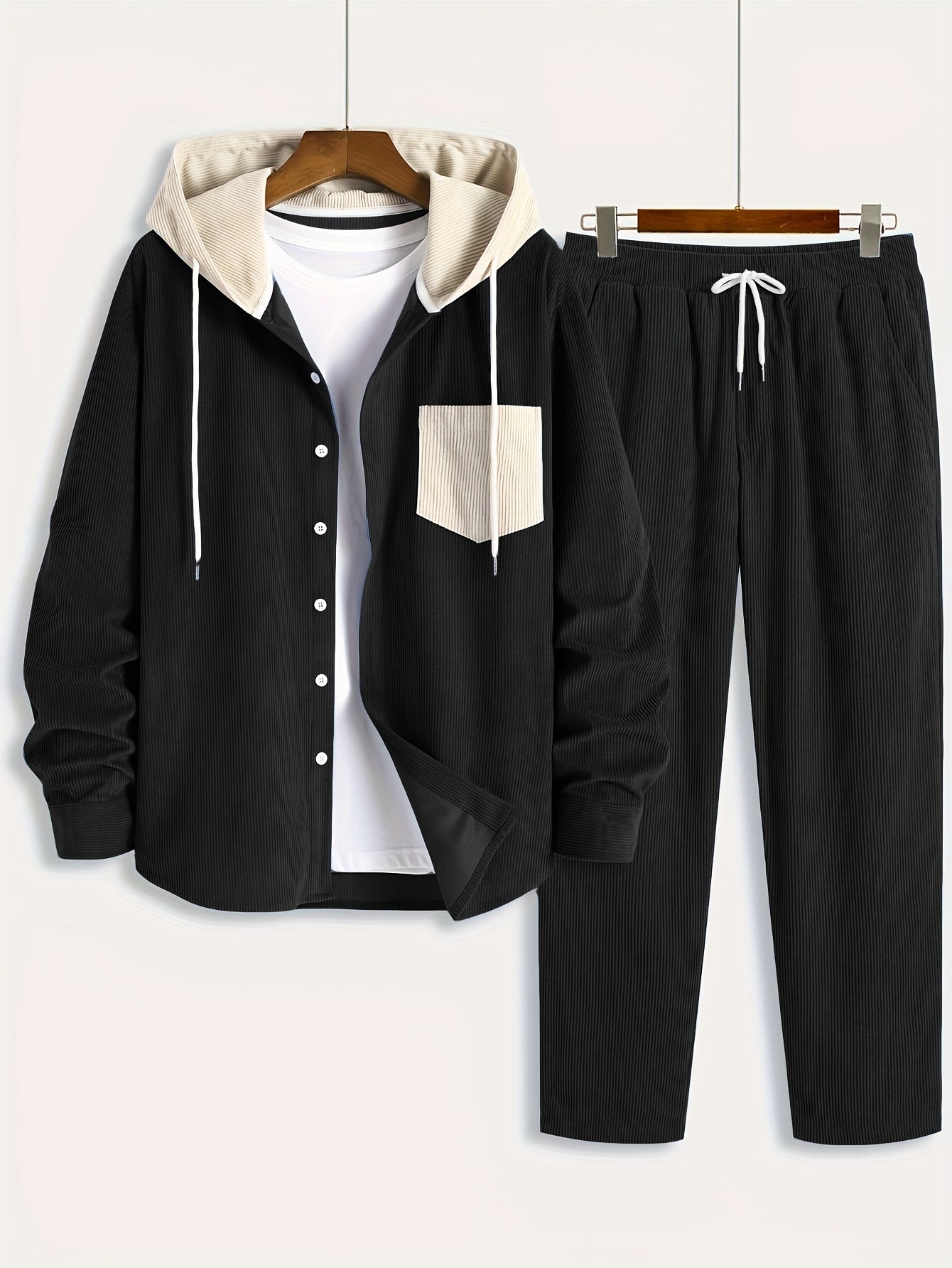 Ensemble Homme Côtelé Chemise à Capuche et Pantalon Couleur Unie