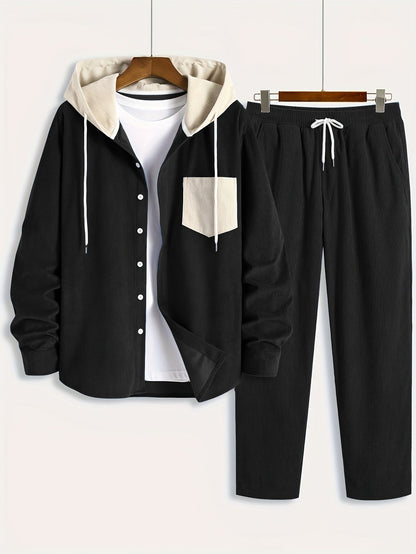 Ensemble Homme Côtelé Chemise à Capuche et Pantalon Couleur Unie