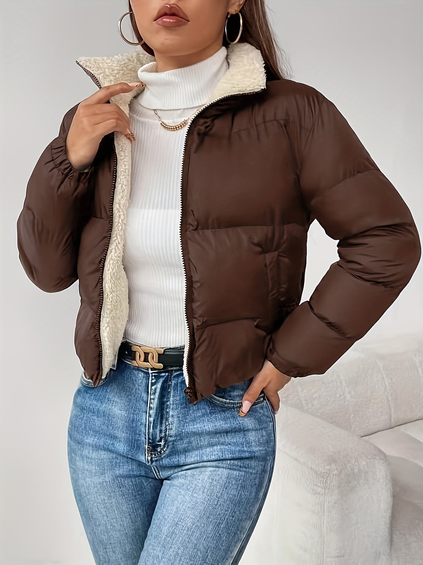 Doudoune Courte Femme Matelassée Col Montant Doublure Douce Noir
