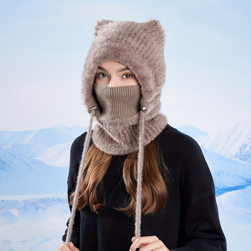 Cagoule tricotée femme avec oreilles de chat en matière douce