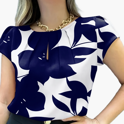 Elegant blus för kvinnor med abstrakt mönster, korta ärmar, chic stil för kontoret och utflykter