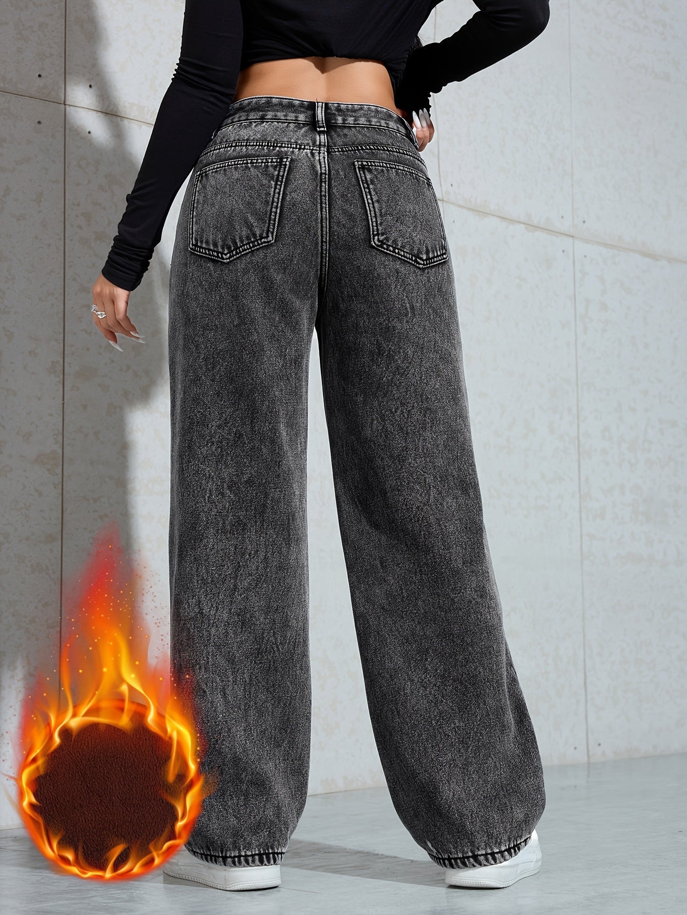 Jean large délavé femme doublé marron taille haute