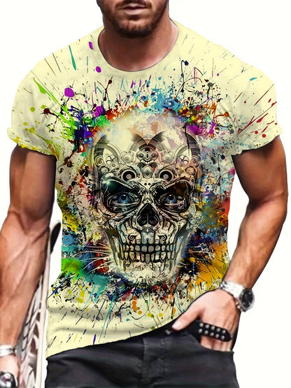 Herren T-Shirt große Größe urbaner Stil mit künstlerischem Totenkopf-Motiv