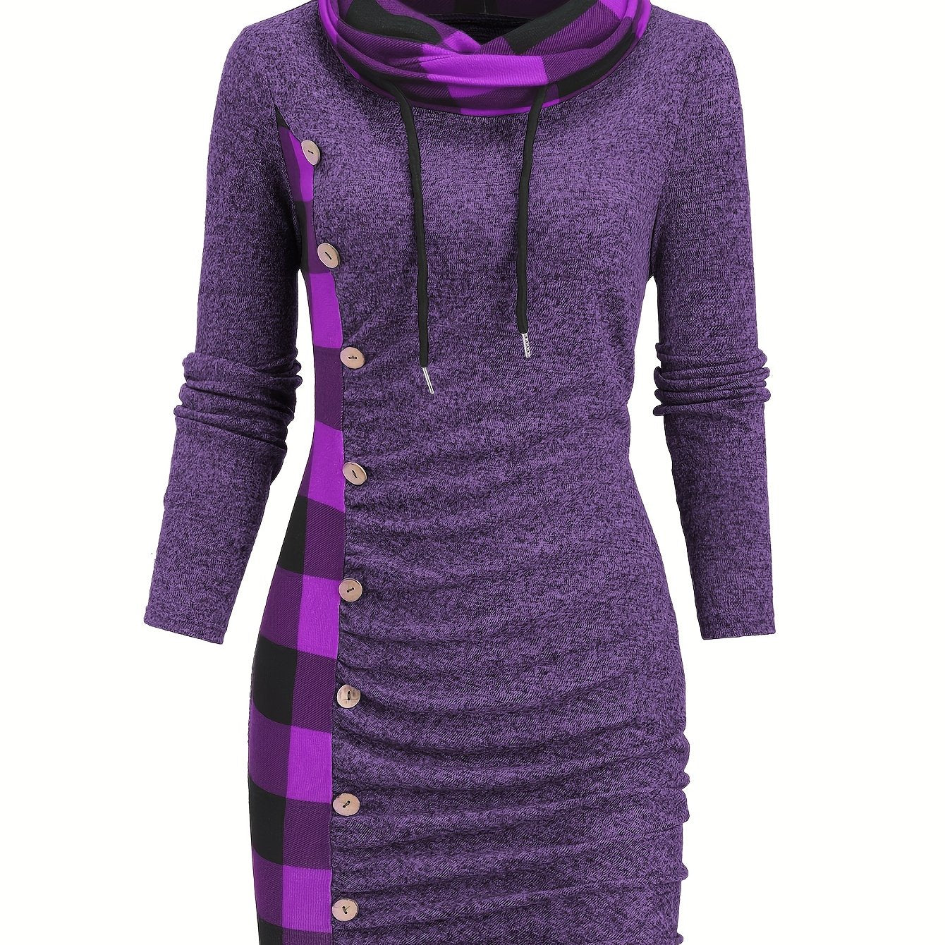 Robe Pull Courte Femme avec Col Cheminée et Motif Carreaux Bicolores