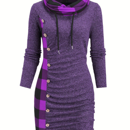 Robe Pull Courte Femme avec Col Cheminée et Motif Carreaux Bicolores