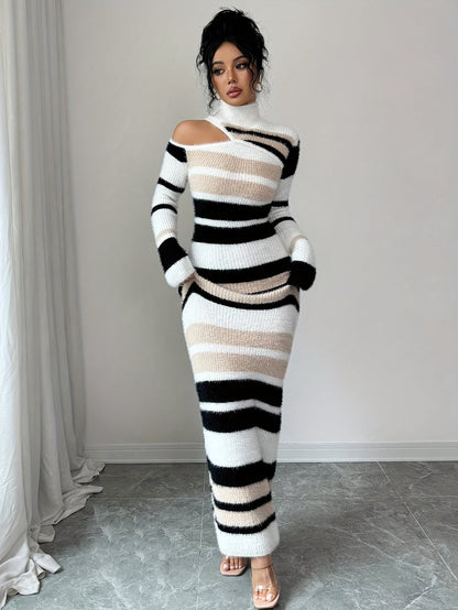 Robe longue moulante à col montant rayée Noir Crème Beige Femme