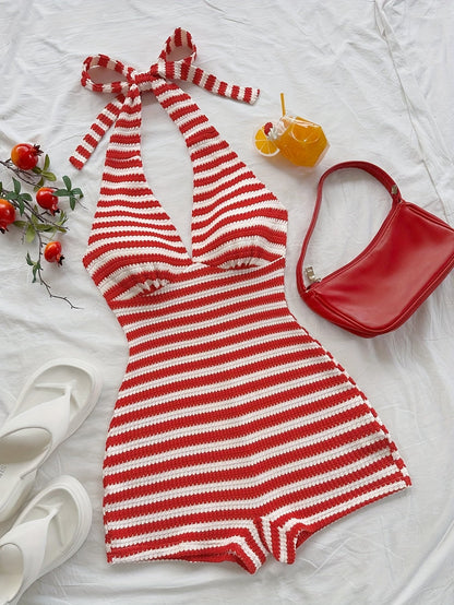 Damen Jumpsuit mit Shorts und Streifen im Retro-Stil mit Neckholder für Sommer und Strand