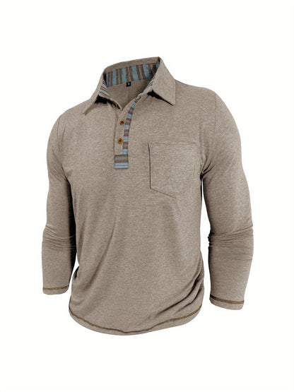 Polo Homme Manches Longues Détails Ethniques Boutons Beige