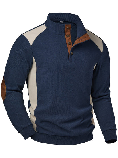 Pull Homme Col Montant Bleu Marine Crème avec Coudières Marron