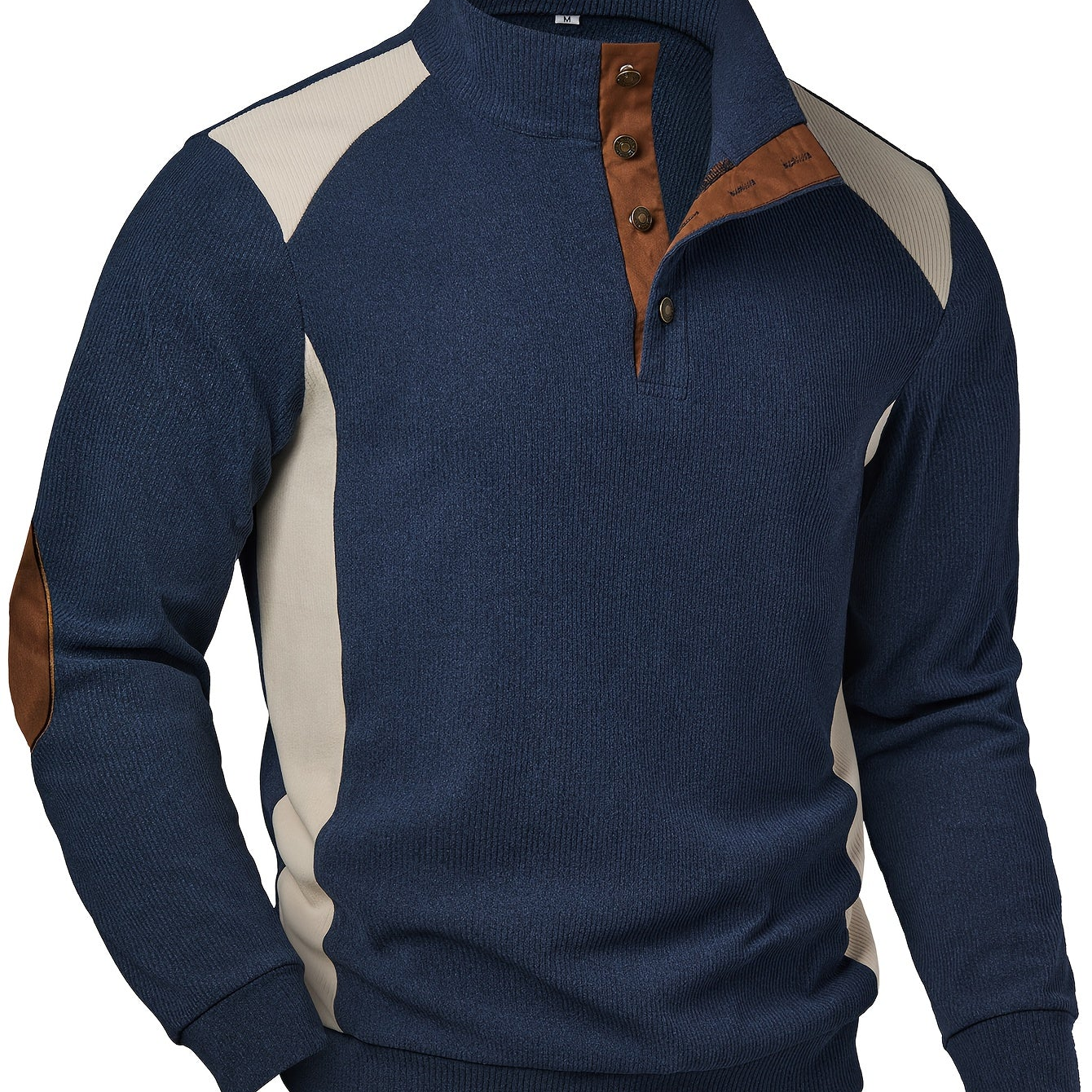 Pull Homme Col Montant Bleu Marine Crème avec Coudières Marron