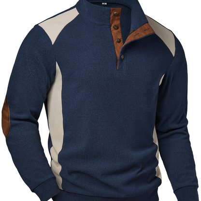 Pull Homme Col Montant Bleu Marine Crème avec Coudières Marron