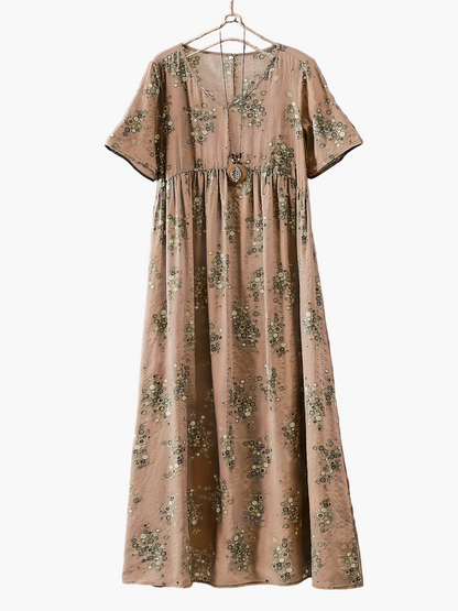 Abito lungo casual donna stile bohemien con stampa floreale e scollo a V, ideale per l'estate
