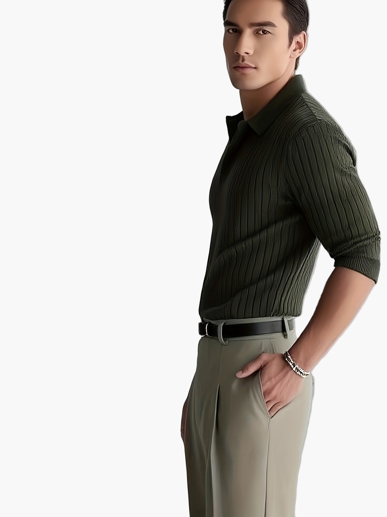 Polo hombre elegante de manga larga estilo casual con cuello abierto – Ideal otoño/invierno
