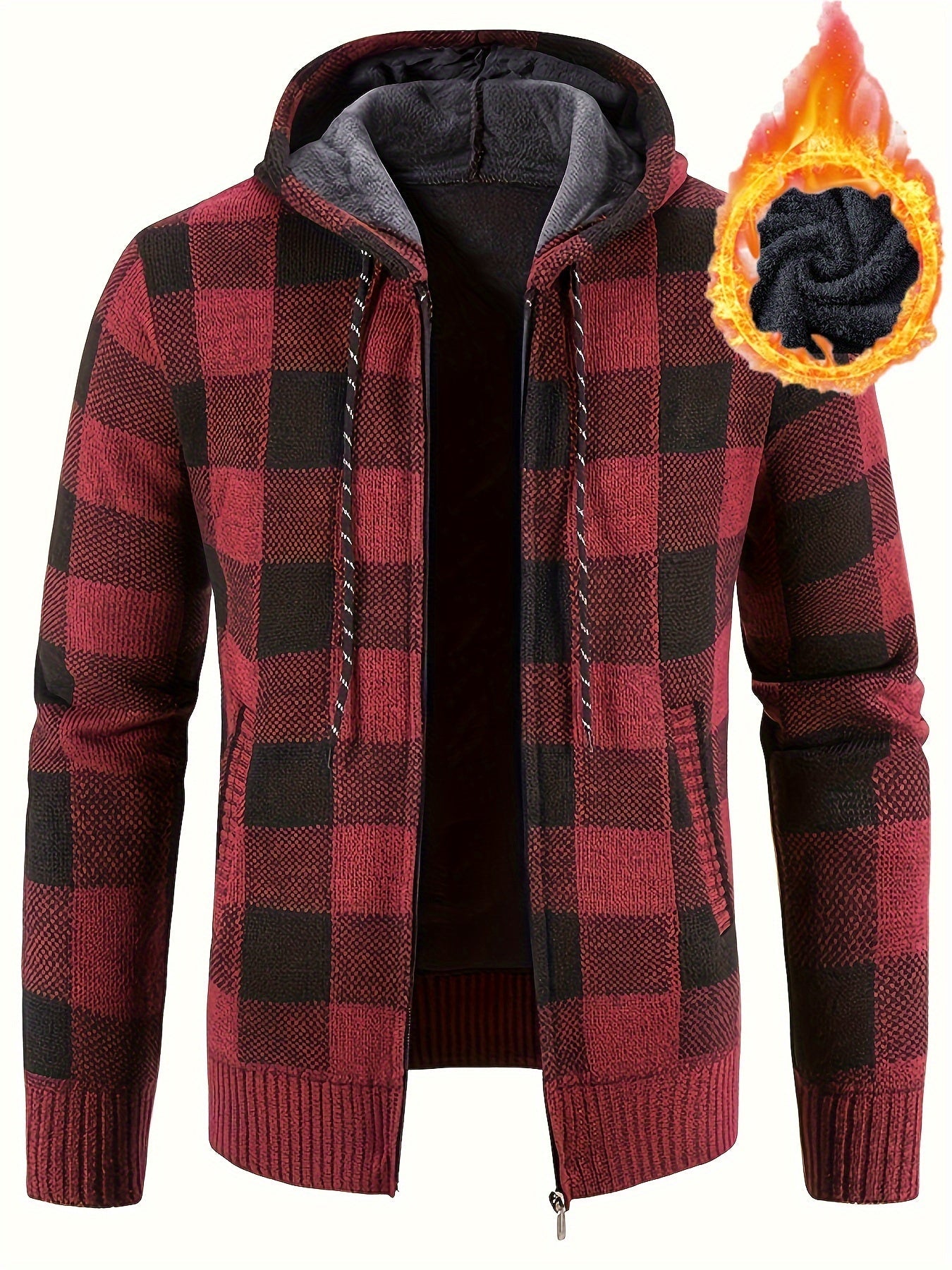 Cardigan Homme à Capuche Carreaux Marron Noir Fermeture Éclair Doublure Chaude