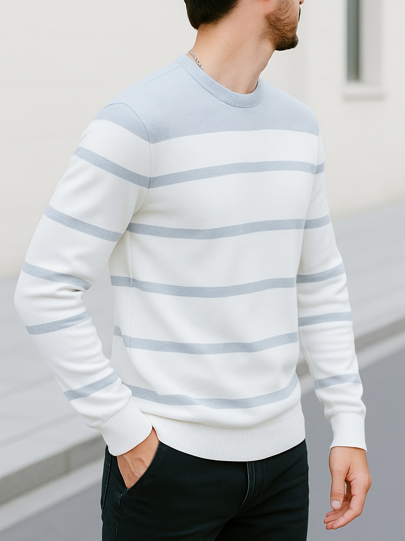 Pull Homme à Col Rond Rayé Vert Blanc Manches Longues Décontracté