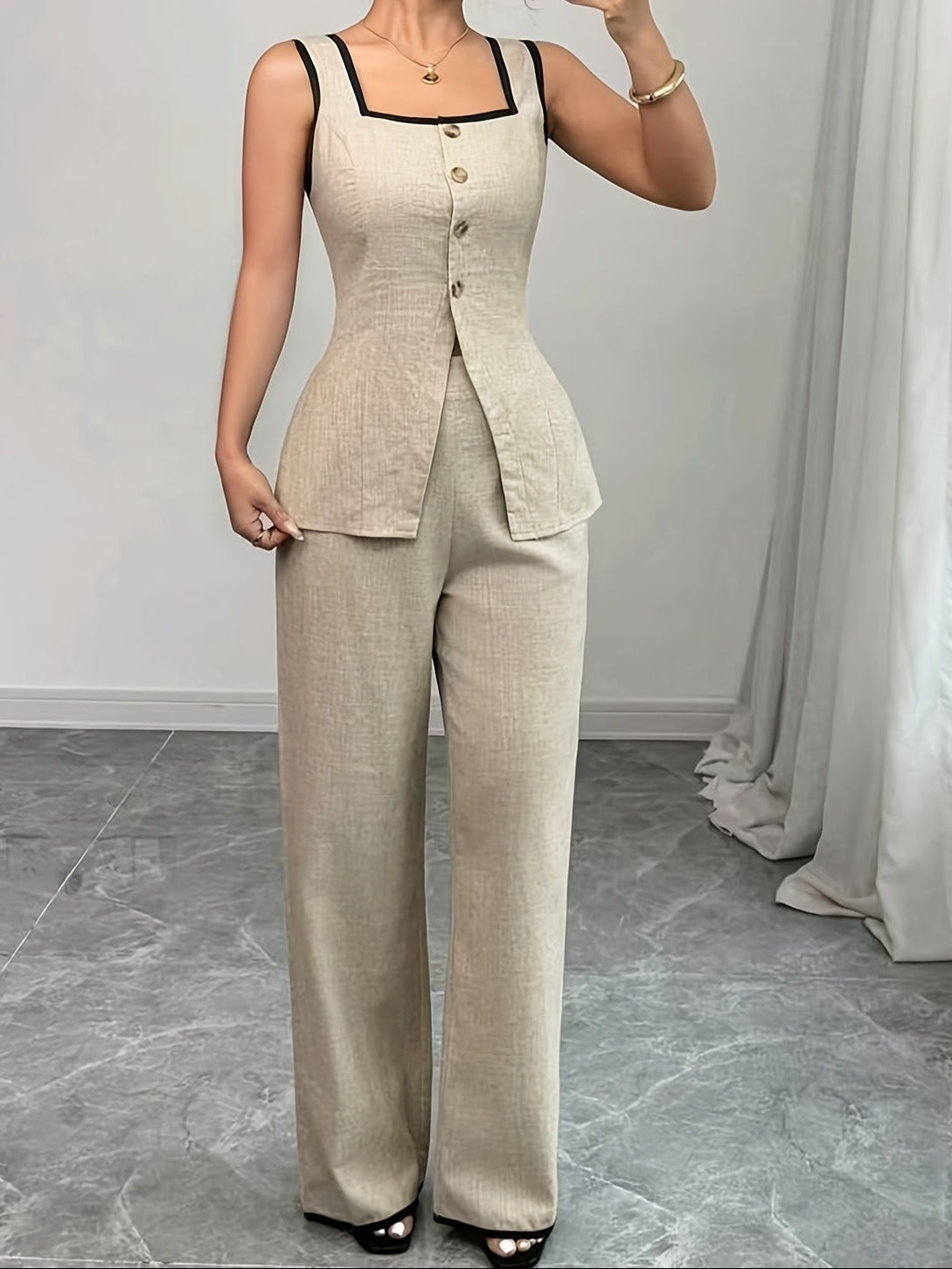 Elegantes Damen-Hosen- und Oberteil-Set im Büro-Stil mit Knöpfen – Frühling/Sommer