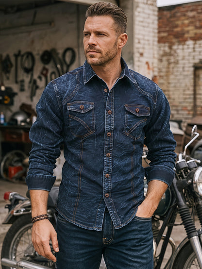 Chemise Homme Effet Délavé Bleu Foncé Manches Longues Boutons Marron