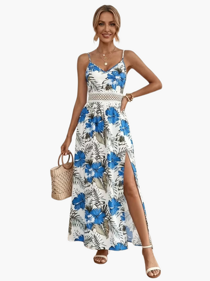 Robe longue fleurie à bretelles style vacances pour femme - Élégante et estivale