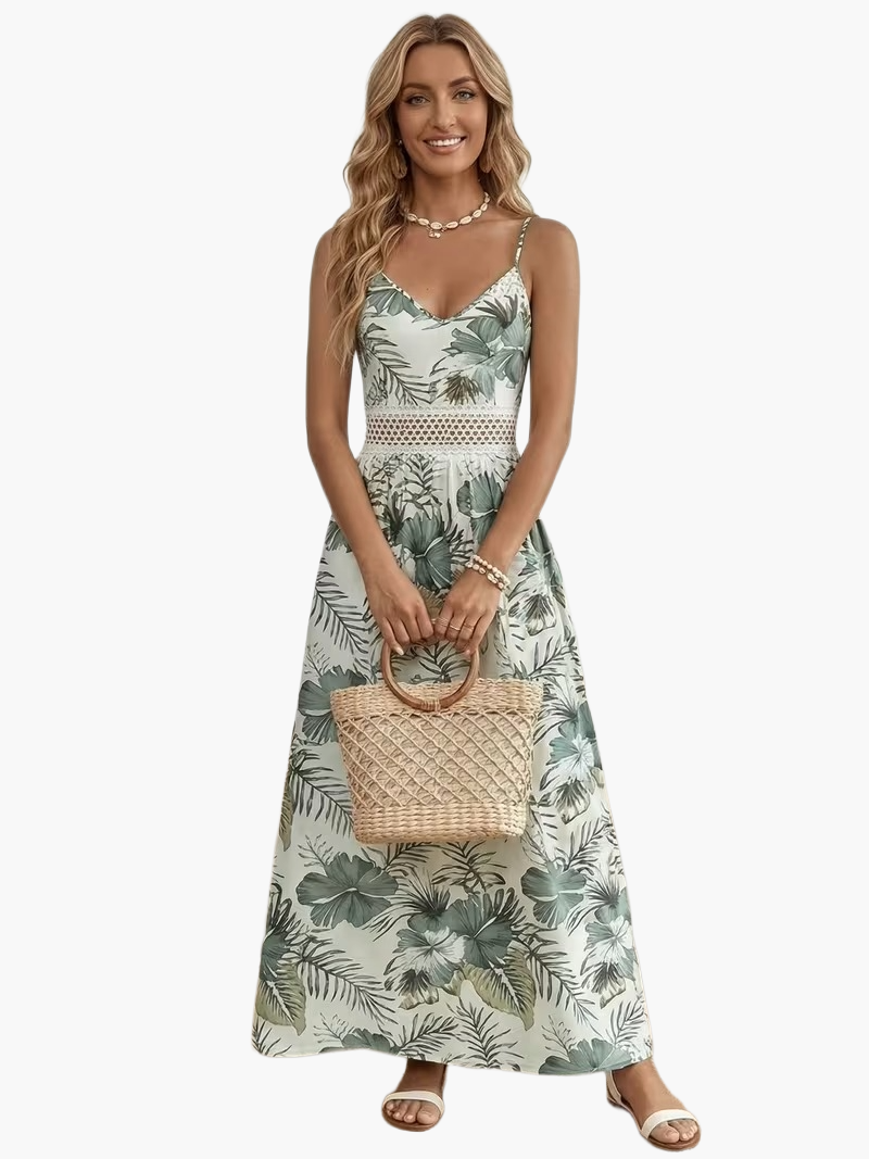 Robe longue fleurie à bretelles style vacances pour femme - Élégante et estivale
