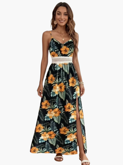 Robe longue fleurie à bretelles style vacances pour femme - Élégante et estivale