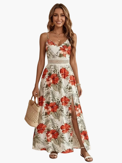 Robe longue fleurie à bretelles style vacances pour femme - Élégante et estivale