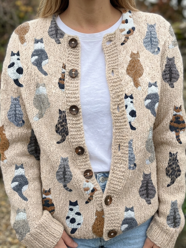 Cardigan Femme Beige Tricoté Motifs Chats Boutons Bois