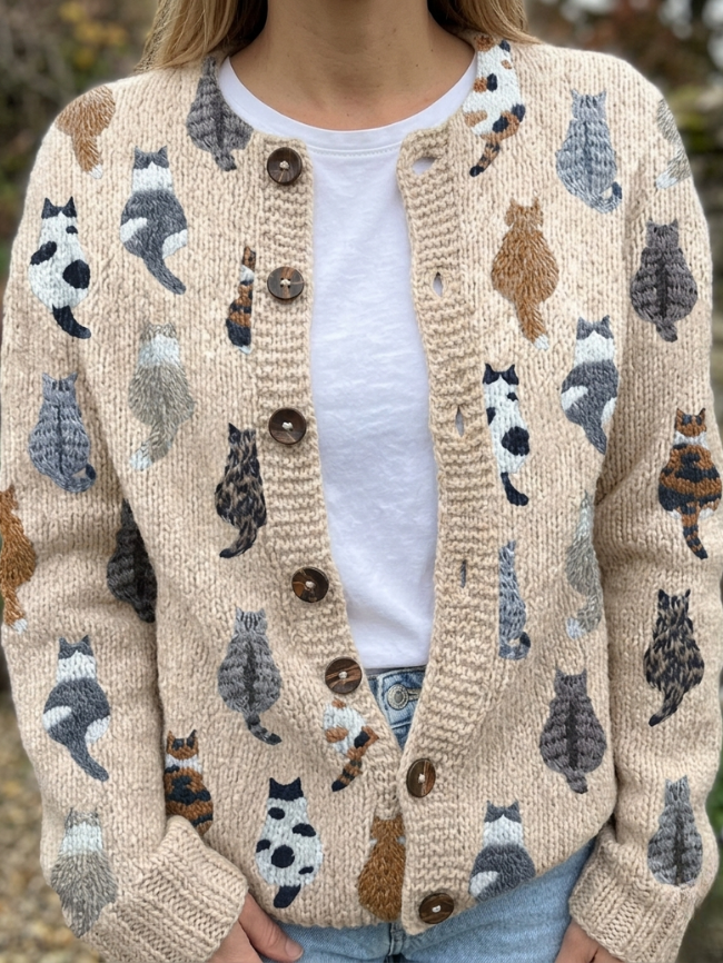 Beige strikket cardigan til kvinner med kattemønster og treknapper