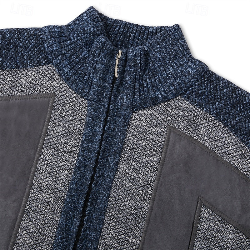 Men's Knit Jacket with Panel Details and Zipped Stand Collar