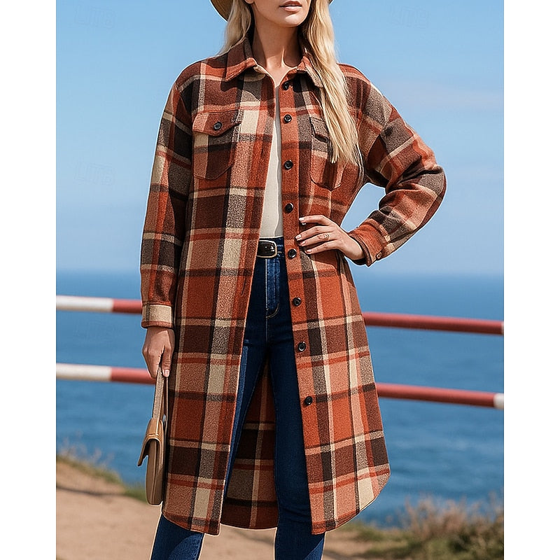 Women's long plaid jacket with a classic collar and buttons