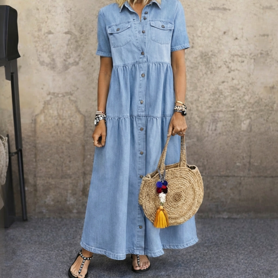 Women's Long Shirt Dress in Denim Style, Short Sleeves, Ruffles, Light Blue