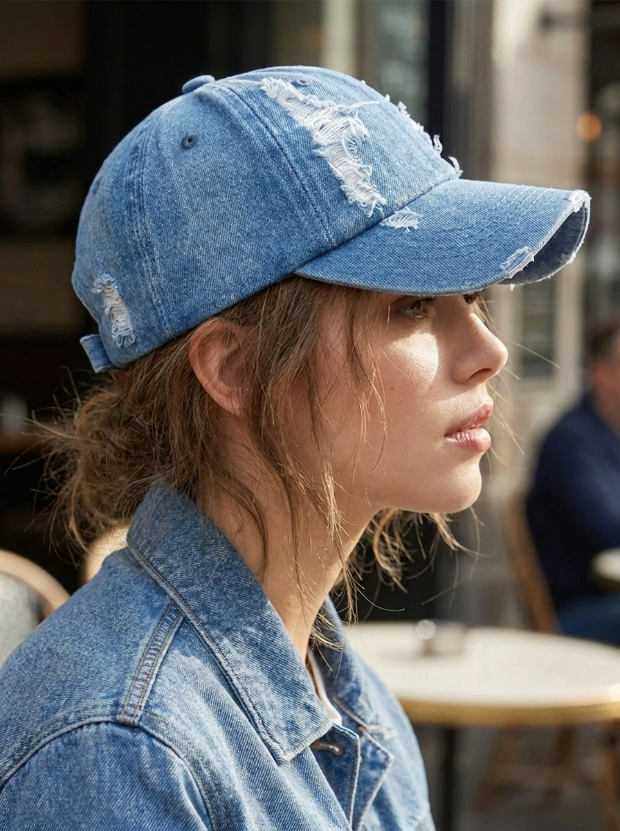 Distressed and ripped faded denim baseball cap