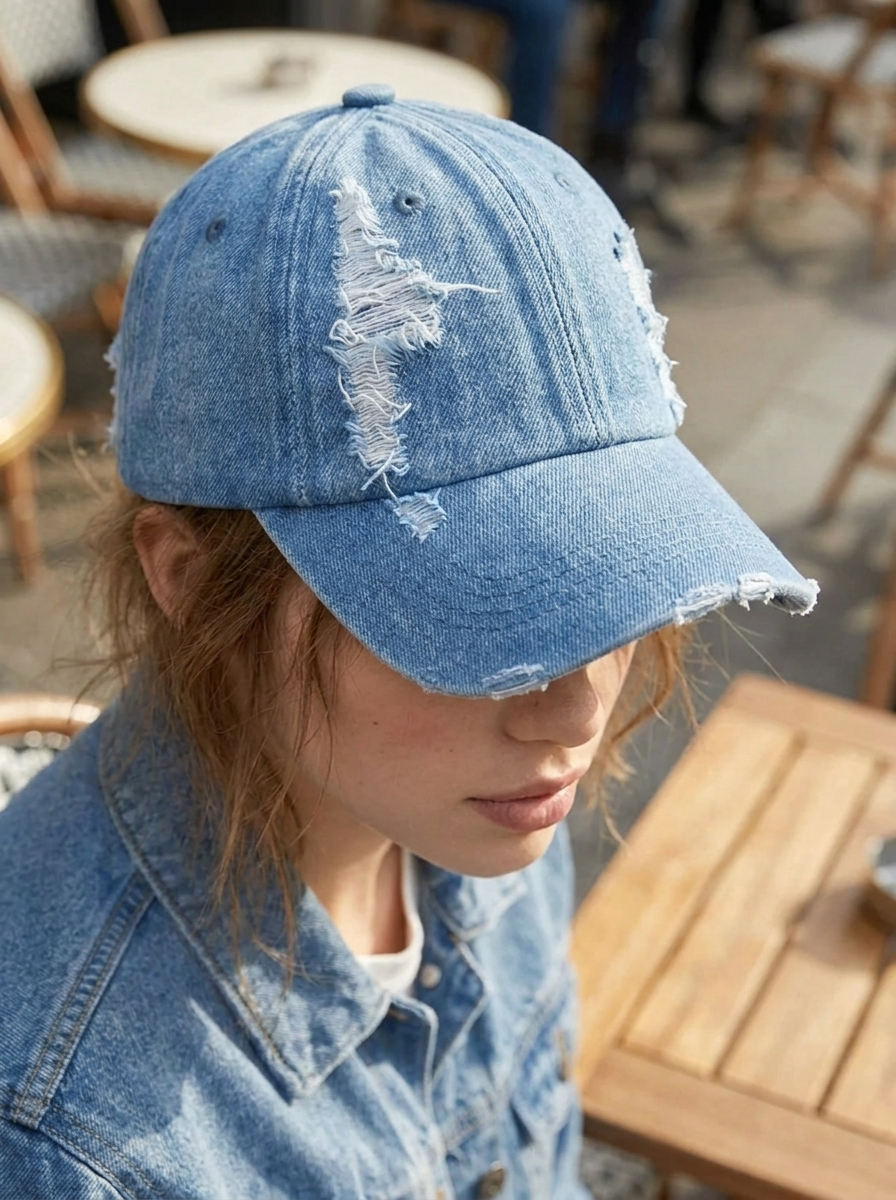 Distressed and ripped faded denim baseball cap