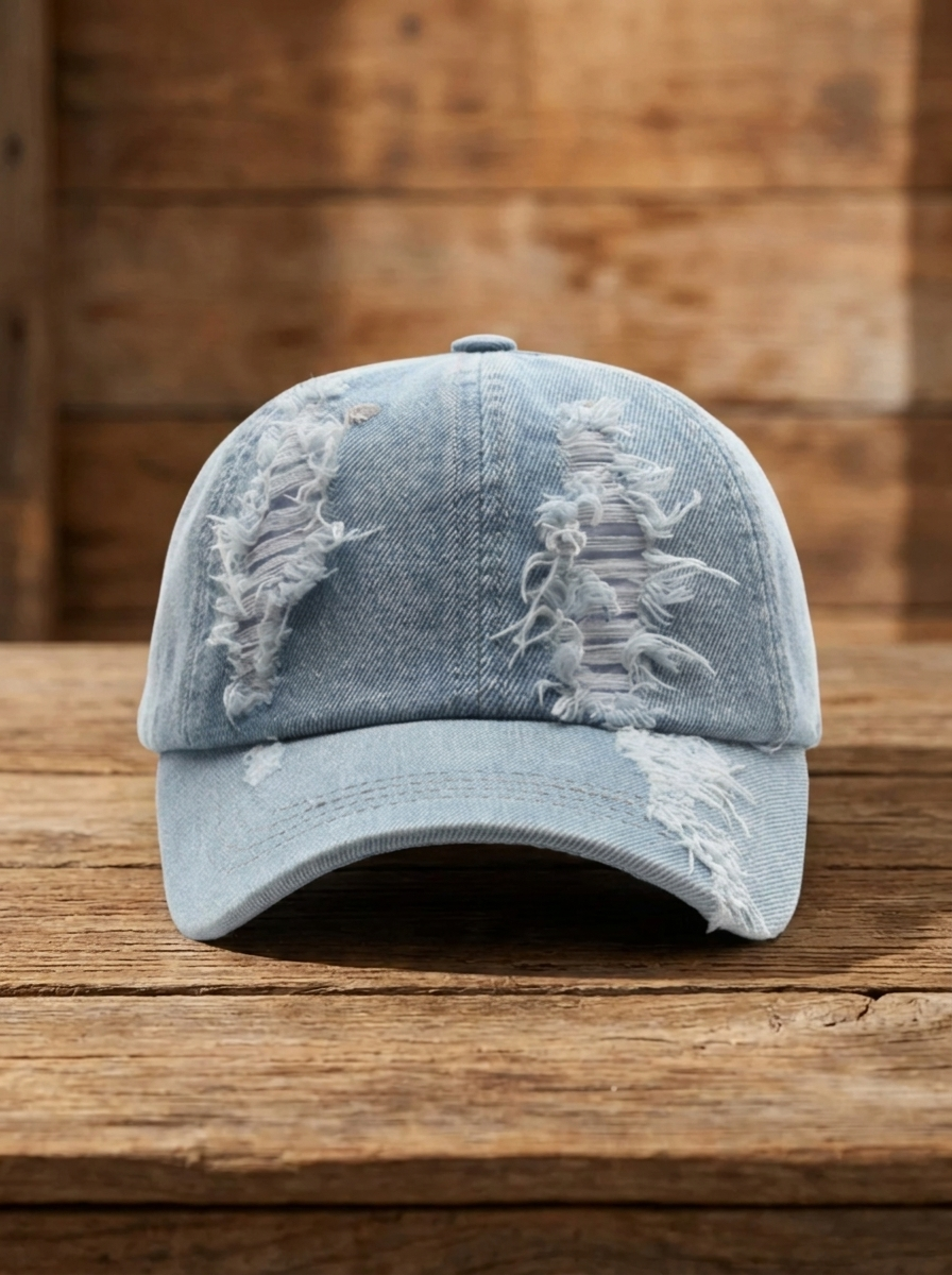 Distressed and ripped faded denim baseball cap